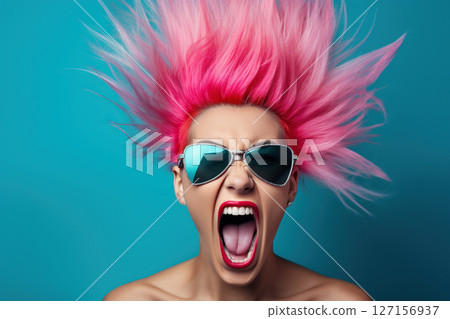 Girl with pink mohawk hairstyle screaming. Generative Ai 127156937