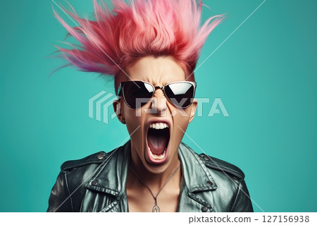 Girl with pink mohawk hairstyle screaming. Generative Ai 127156938