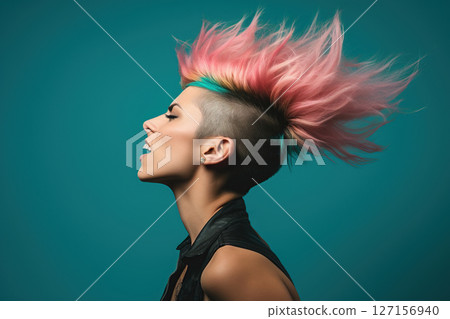 Girl with pink mohawk hairstyle screaming. Generative Ai 127156940