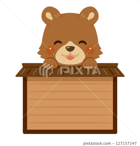 Smiling bear character illustration riding on a wooden sign 127157147