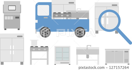 A set of illustrations depicting various commercial kitchen equipment and purchasing A set of illustrations depicting various commercial kitchen equipment and purchasing 127157264