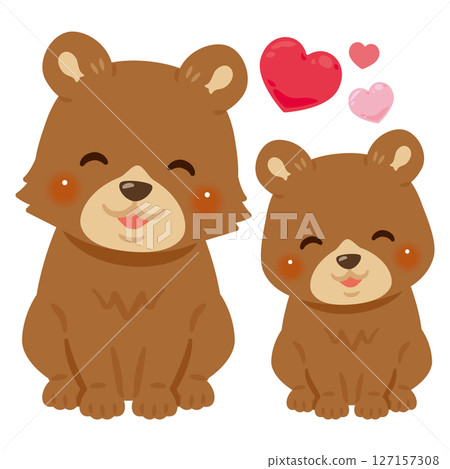 Illustration of a smiling bear parent and child sitting 127157308