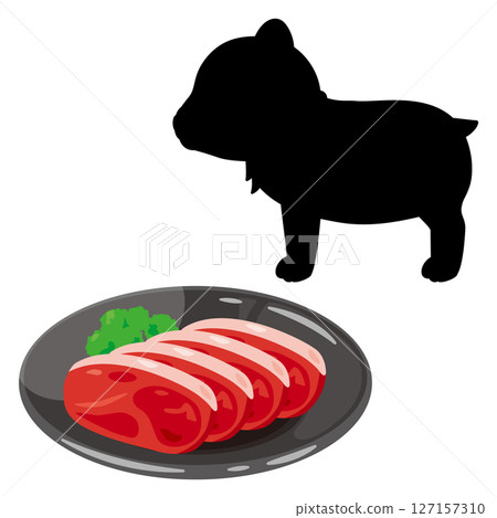 Bear meat served on a plate and silhouette illustration of a bear 127157310