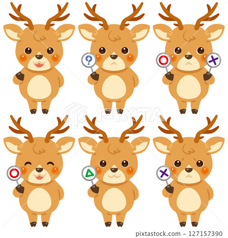 一組鹿角色插圖，手持圓形、三角形和方形卡片 127157390