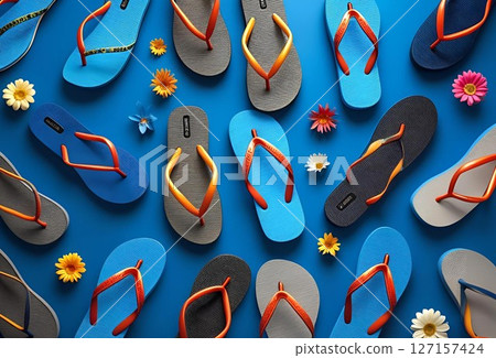 Lots of flip flops and flowers on a blue background 127157424