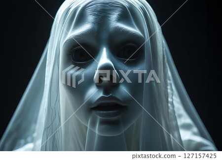 Close-up of a ghostly woman's face in the dark 127157425