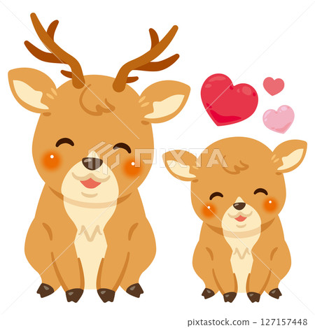 Illustration of a smiling deer parent and child sitting 127157448