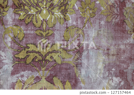 Vintage Floral Fabric Wallpaper with Gold and Purple Damask Pattern Texture 127157464