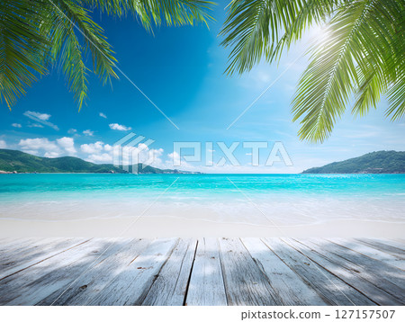 A tropical resort paradise surrounded by white sandy beaches, clear blue water and palm leaves. 127157507
