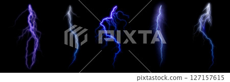 Set of five isolated electric lightning bolts in purple and blue colors on black background for energy design effect storm or sci fi visuals Set of five isolated electric lightning bolts in purple and blue colors on black background for energy design effect storm or sci fi visuals 127157615