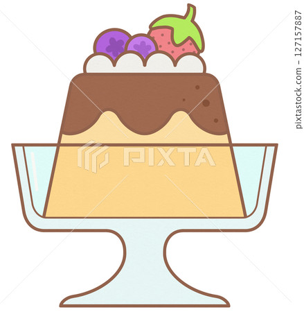 Cute Sweet Caramel Custard Flan with Berry Fruit Topping 127157887