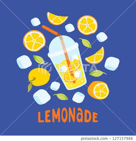 Summer square card with citrus fruits. Lemonades, lemons, ice cube and leaves icon. Bright seasonal blue background for cafes, menus, and advertisements. Food and drinks. Vector flat illustration. 127157988