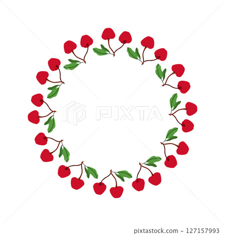 Simple floral wreath with cherry and foliage. Summer frame of berries and leaves on twig. Decoration element for cards and seasonal decor. Vector flat illustration. Simple floral wreath with cherry and foliage. Summer frame of berries and leaves on twig. Decoration element for cards and seasonal decor. Vector flat illustration. 127157993