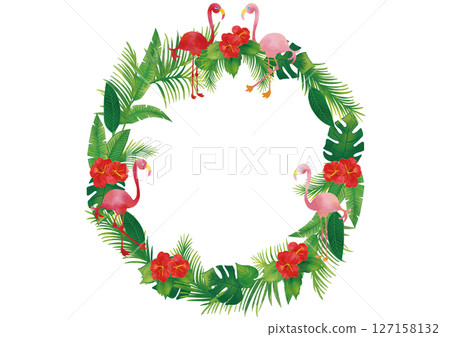 Watercolor flamingo and tropical plant decoration set wreath frame 2 127158132