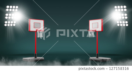 Basketball court illuminated by spotlights with smoke effect on floor. Stadium green background with bright light beams. Empty sport arena, playground for championship team game. 3D illustration Basketball court illuminated by spotlights with smoke effect on floor. Stadium green background with bright light beams. Empty sport arena, playground for championship team game. 3D illustration 127158316