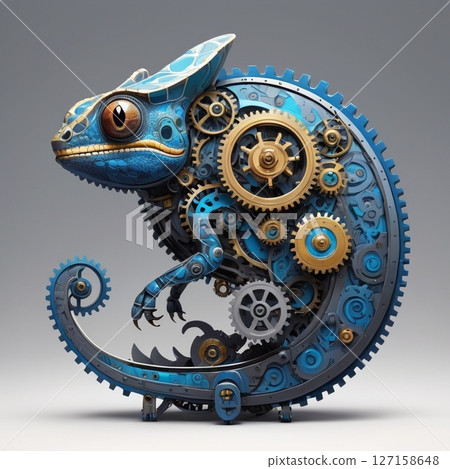 [For goods design] Fantasy illustration of a mechanical blue chameleon 127158648