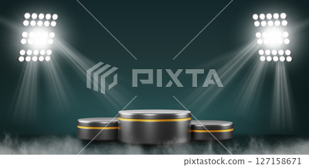 Award podium illuminated by spotlights on soccer stadium green 3d background. Black gold round pedestal for first, second and third place of championship winner, empty sport platform. 3D illustration 127158671