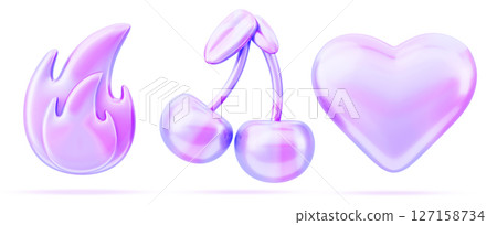 3d holographic y2k shapes - cherry, heart and fire. Abstract render set of retro futuristic aesthetic design elements in rainbow neon colors with metal liquid chrome gradient texture. 3D illustration 3d holographic y2k shapes - cherry, heart and fire. Abstract render set of retro futuristic aesthetic design elements in rainbow neon colors with metal liquid chrome gradient texture. 3D illustration 127158734