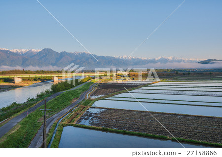 Sai River, the Northern Alps and rice fields [Azumino] 127158866