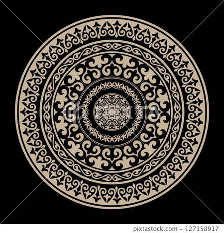 Gold round Kazakh national ornament, persian motiff on white background. Kazakh national ornament. Abstract Pattern of Turkic people, Kazakh, Kyrgyz, Mongol. Gold Medallion, embroidery, ceramic, plate Gold round Kazakh national ornament, persian motiff on white background. Kazakh national ornament. Abstract Pattern of Turkic people, Kazakh, Kyrgyz, Mongol. Gold Medallion, embroidery, ceramic, plate 127158917