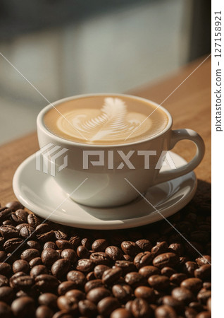 Close-up of a latte with delicate art on a saucer with coffee beans on a rustic wooden surface. Natural light creates soft shadows. focus a cup of coffee and blurred in background. 127158921