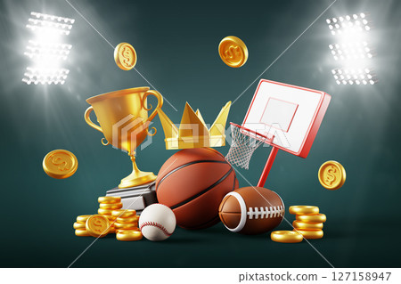 Sports betting 3d background. Bet and win in bookmaker office. Stadium with spotlights, american football, baseball and basketball ball, backboard, championship cup, gold crown, coins. 3D illustration 127158947