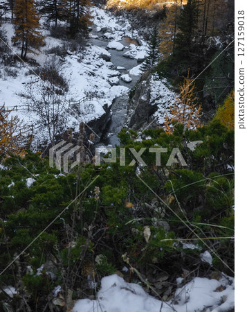 Snowy alpine valley near aosta, italy, revealing verdant landscape and golden hued trees during late autumn season Lillaz Snowy alpine valley near aosta, italy, revealing verdant landscape and golden hued trees during late autumn season Lillaz 127159018