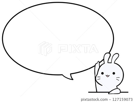 A white rabbit pointing up with a speech bubble background 127159073