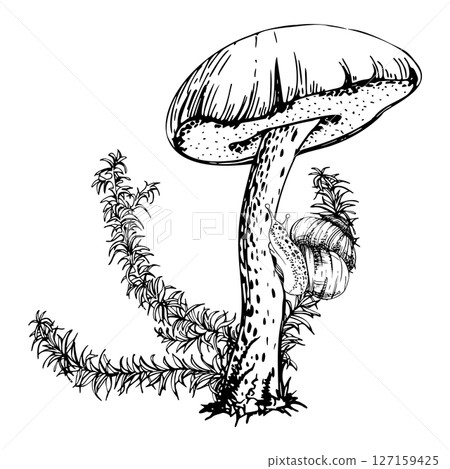 Birch bolete cep leccinum mushroom fungus, scaber stalk with snail, horsetail plant. Composition hand drawn in vector ink. Autumn forest floor natural scene. Book illustrations, calendar poster art 127159425