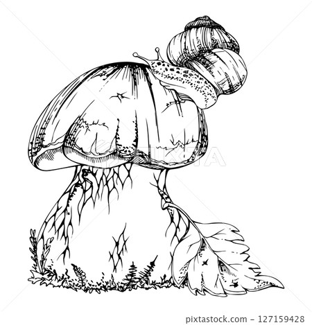 Bolete cep mushroom with snail on cap, autumn leaf. Fungus forest harvest, edible raw ingredient for vegan cooking. Illustration hand drawn in vector ink. Seasonal planner stickers, menu cookbook 127159428