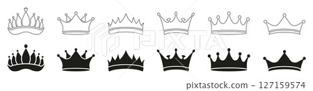 Crown and Tiara Outline and Solid Icon Set. Elegant Royal Headpieces Symbolizing Power, Nobility. King and Queen Coronation Silhouette and Line Art Symbol. Isolated Vector Illustration Crown and Tiara Outline and Solid Icon Set. Elegant Royal Headpieces Symbolizing Power, Nobility. King and Queen Coronation Silhouette and Line Art Symbol. Isolated Vector Illustration 127159574