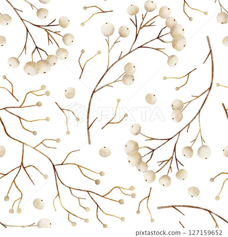 Pattern watercolor illustration dry snowberry, white berries, beige golden twig, hand drawn. Seamless print in vintage on isolated background for textile design, fabric, packaging, clothes, postcard 127159652