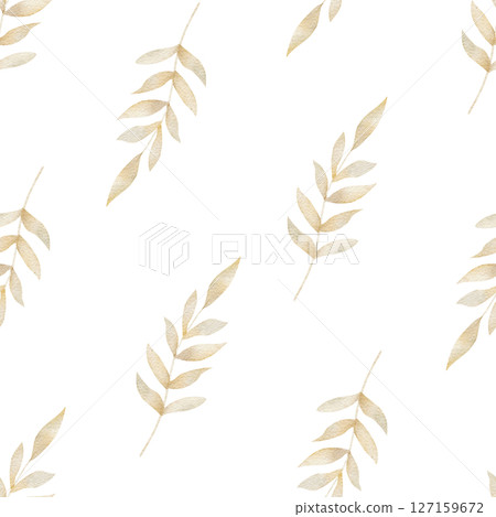 Pattern watercolor illustration dry beige leaves, golden branch, light foliage, hand drawn. Seamless print in vintage style on white background for textile design, fabric, packaging, clothes, postcard 127159672