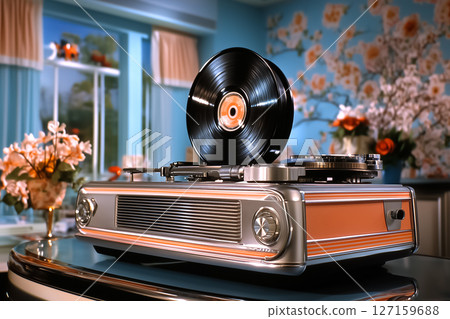 Record player spinning vinyl in retro styled room with elegant floral wallpaper and soft lighting. Cozy atmosphere enhances nostalgic vibes. Concept of music, vintage decor, home entertainment 127159688