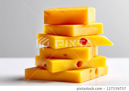Minimalist photo of stacked yellow cheese slices aligned on a white backdrop. Clean setting emphasizes simplicity. Concept of food industry, culinary arts, grocery stores 127159737