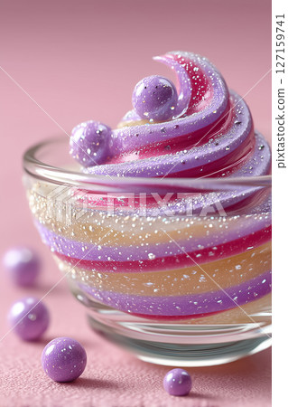 Colorful swirl of pastel bubble tea with black pearls creates a vibrant display. Macro condensation adds a sparkling effect. Concept of beverage, desserts, culinary artistry Colorful swirl of pastel bubble tea with black pearls creates a vibrant display. Macro condensation adds a sparkling effect. Concept of beverage, desserts, culinary artistry 127159741