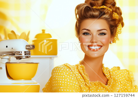 Woman smiling at camera in bright yellow kitchen with retro mixer. Colorful decor and cheerful atmosphere reflect joy of baking and cooking. Concept of culinary arts, home cooking, happiness Woman smiling at camera in bright yellow kitchen with retro mixer. Colorful decor and cheerful atmosphere reflect joy of baking and cooking. Concept of culinary arts, home cooking, happiness 127159744
