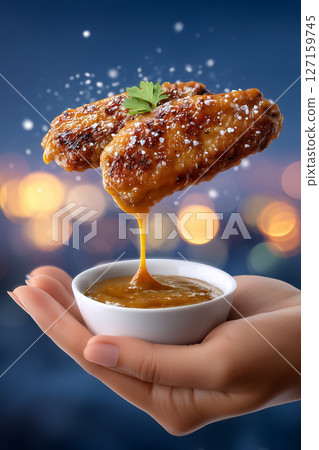 Hand flipping spicy chicken wings with sauce trailing through air. Dynamic night setting with vibrant city lights in background. Concept of food photography, culinary arts, nightlife culture Hand flipping spicy chicken wings with sauce trailing through air. Dynamic night setting with vibrant city lights in background. Concept of food photography, culinary arts, nightlife culture 127159745