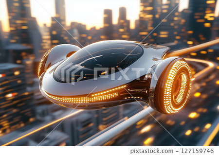 Futuristic hovercar glides through vibrant city skyline with glowing lights. Sleek design emphasizes modern technology, set against a twilight backdrop Futuristic hovercar glides through vibrant city skyline with glowing lights. Sleek design emphasizes modern technology, set against a twilight backdrop 127159746