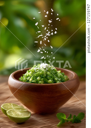 Lao laap minced herb salad tossed mid-air creating a vibrant display with shredded lemongrass and mint confetti. Woven bamboo backdrop adds texture to culinary theme Lao laap minced herb salad tossed mid-air creating a vibrant display with shredded lemongrass and mint confetti. Woven bamboo backdrop adds texture to culinary theme 127159747