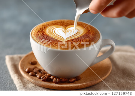 Slow motion capture of latte art heart being poured into cappuccino. Warm coffee tones highlight barista technique in cozy cafe setting. Concept of coffee shops, barista training, culinary arts Slow motion capture of latte art heart being poured into cappuccino. Warm coffee tones highlight barista technique in cozy cafe setting. Concept of coffee shops, barista training, culinary arts 127159748