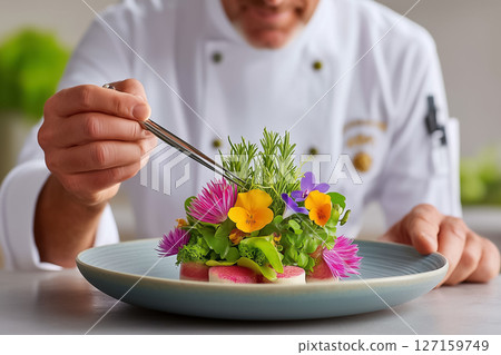 Chef skillfully places edible flowers on gourmet dessert in a sleek kitchen. Bright colors and textures highlight culinary art. Concept of fine dining, gourmet restaurants, culinary arts 127159749