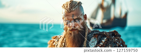 Viking warrior presents strong demeanor with braided beard and war paint. Background features sailing ship against tranquil ocean during sunset. Concept of history, adventure, maritime Viking warrior presents strong demeanor with braided beard and war paint. Background features sailing ship against tranquil ocean during sunset. Concept of history, adventure, maritime 127159750