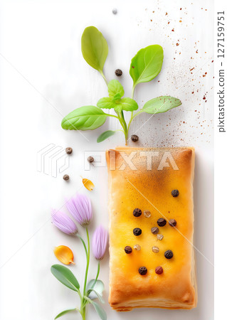 Minimalist composition featuring savory pastry garnished with herbs and spices. Bright white background accentuates fresh ingredients. Concept of culinary arts, gourmet cooking, food presentation Minimalist composition featuring savory pastry garnished with herbs and spices. Bright white background accentuates fresh ingredients. Concept of culinary arts, gourmet cooking, food presentation 127159751