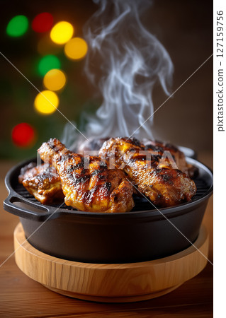 Jamaican jerk chicken sizzles in barrel smoker, aromatic wood smoke curling with scotch bonnet glaze caramelizing. Warm festive setting with colorful bokeh lights Jamaican jerk chicken sizzles in barrel smoker, aromatic wood smoke curling with scotch bonnet glaze caramelizing. Warm festive setting with colorful bokeh lights 127159756