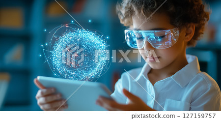 Child interacts with digital hologram while using tablet and wearing augmented reality glasses. Cozy room filled with books provides a supportive learning environment Child interacts with digital hologram while using tablet and wearing augmented reality glasses. Cozy room filled with books provides a supportive learning environment 127159757