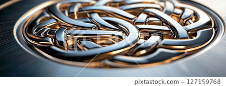 Detailed metallic knot design showcases intertwined silver and gold textures. Bright reflective surface enhances beauty. Concept of craftsmanship, art, luxury Detailed metallic knot design showcases intertwined silver and gold textures. Bright reflective surface enhances beauty. Concept of craftsmanship, art, luxury 127159768