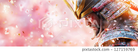 Samurai warrior in traditional armor stands still against windy backdrop of falling cherry blossoms. Bright pink setting evokes historical significance, honor, and nature's beauty 127159769