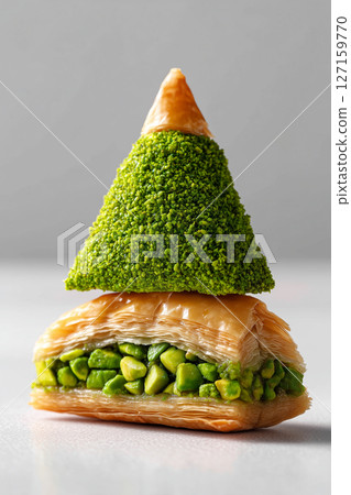 Pyramid-shaped dessert composed of flaky layers topped with vibrant green pistachio. Minimalist setting with soft grey backdrop. Concept of pastry design, culinary creativity, dessert shops 127159770