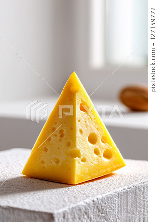 Triangular wedge of strong-smelling cheese placed on minimalistic white surface. Bright, inviting setting enhances natural color and texture. Concept of culinary arts, gourmet food, dairy products 127159772
